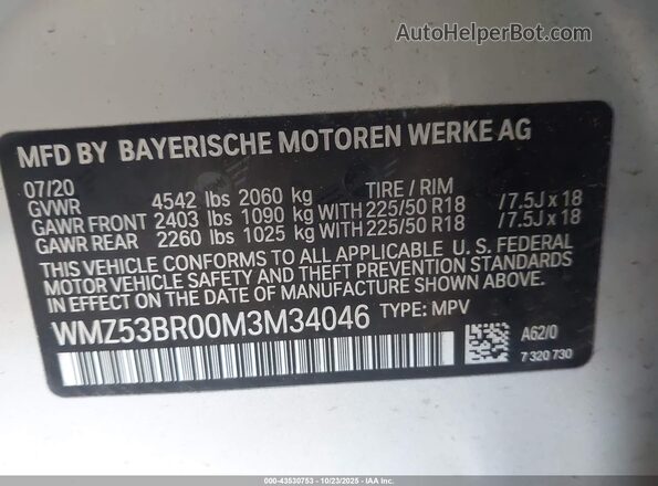 WMZ53BR00M3M34046 2021 MINI COUNTRYMAN Gray Widok naklejki z numerem VIN