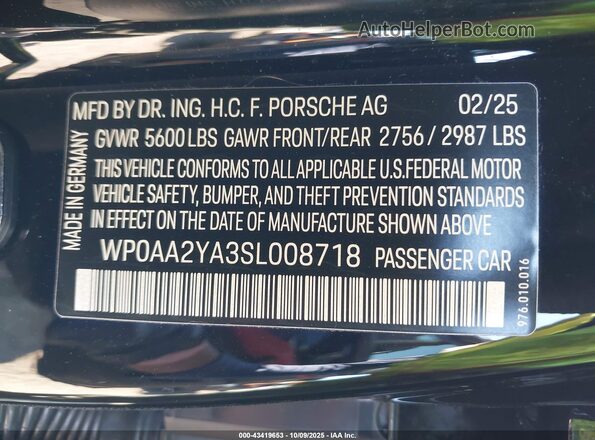 WP0AA2YA3SL008718 2025 PORSCHE PANAMERA Black Widok komory silnika
