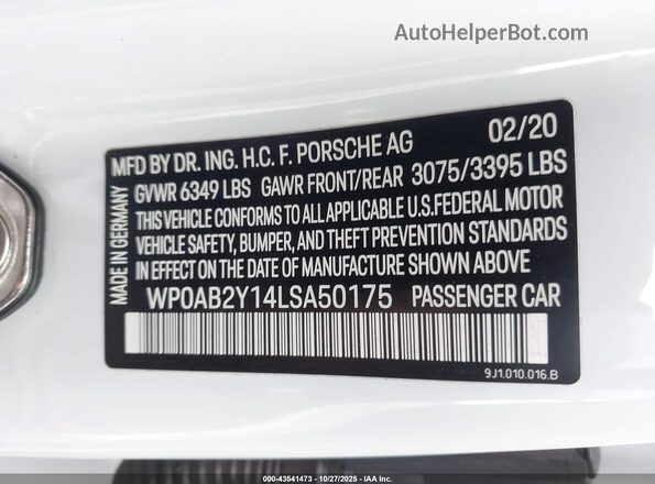 WP0AB2Y14LSA50175 2020 PORSCHE TAYCAN Белый Вид подкапотного пространства