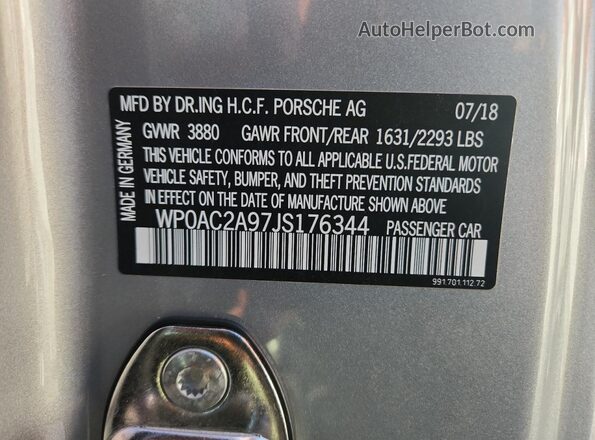 WP0AC2A97JS176344 2018 PORSCHE 911 Silver Vista de la etiqueta del VIN