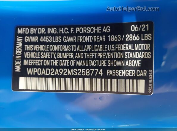 WP0AD2A92MS258774 2021 PORSCHE 911 Синий Вид подкапотного пространства