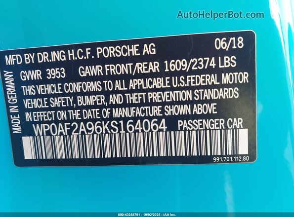 WP0AF2A96KS164064 2019 PORSCHE 911 Blue Vista del compartimento del motor