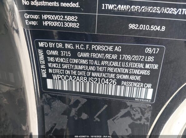 WP0CA2A88JS210426 2018 PORSCHE 718 BOXSTER Black Շարժիչի բաժամունքի տեսք