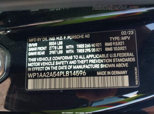 WP1AA2A54PLB14596 2023 PORSCHE MACAN Черный Вид наклейки с VIN-кодом