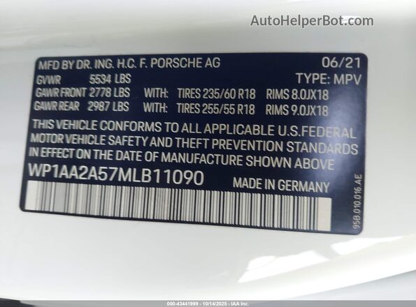 WP1AA2A57MLB11090 2021 PORSCHE MACAN Белый Вид подкапотного пространства
