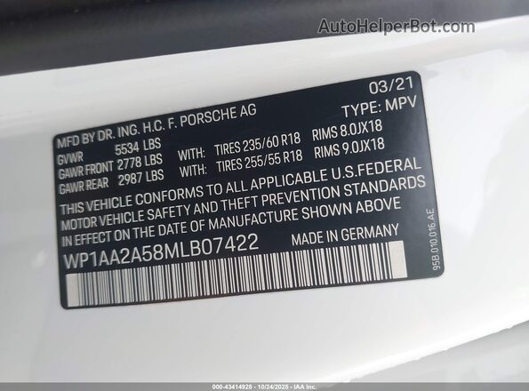 WP1AA2A58MLB07422 2021 PORSCHE MACAN Белый Вид подкапотного пространства