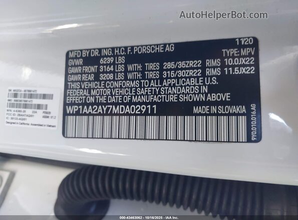 WP1AA2AY7MDA02911 2021 PORSCHE CAYENNE Белый Вид подкапотного пространства