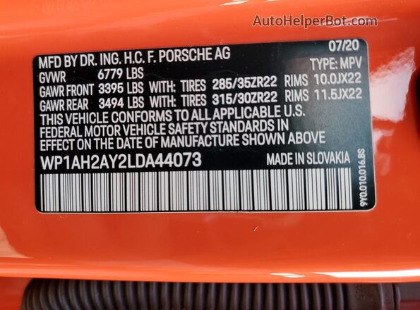 WP1AH2AY2LDA44073 2020 PORSCHE CAYENNE Orange Vista interior de 360 grados