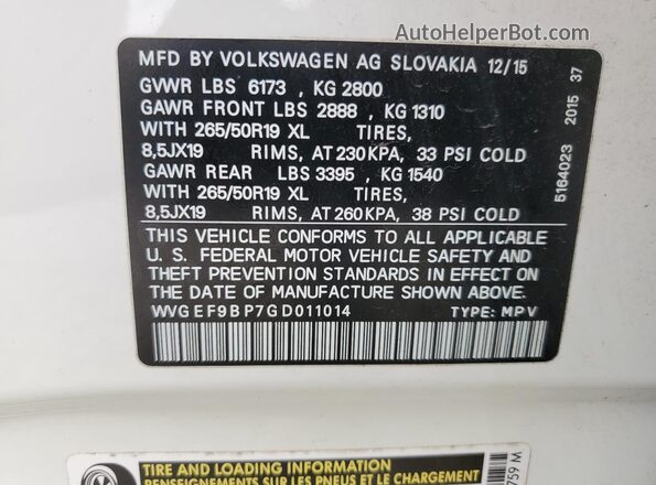 WVGEF9BP7GD011014 2016 VOLKSWAGEN TOUAREG Белый Вид наклейки с VIN-кодом