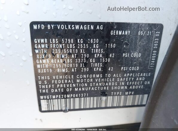 WVGTMPE20MP041371 2021 VOLKSWAGEN ID.4 White Widok komory silnika