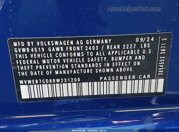 WVWEB7CD8RW231200 2024 VOLKSWAGEN GOLF Синий Вид подкапотного пространства