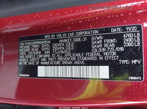 YV4AC2HM1M2481544 2021 VOLVO XC40 Red Engine compartment view
