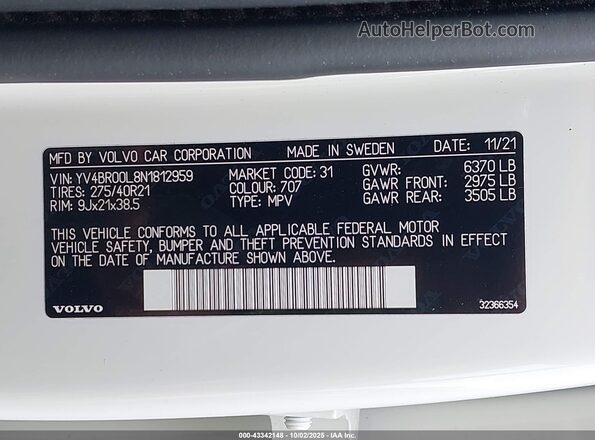 YV4BR00L8N1812959 2022 VOLVO XC90 RECHARGE PLUG-IN HYBRID Белый Вид подкапотного пространства