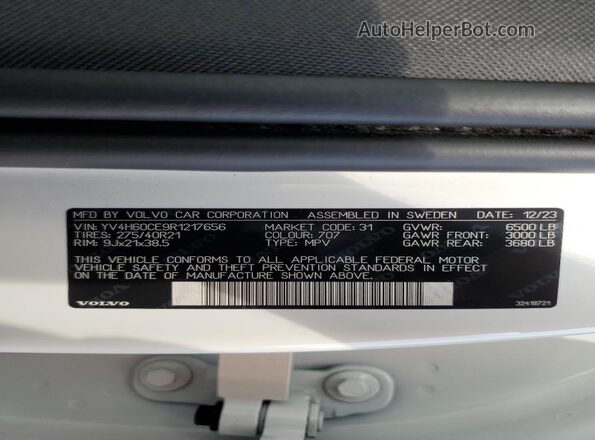 YV4H60CE9R1217656 2024 VOLVO XC90 Белый Вид наклейки с VIN-кодом