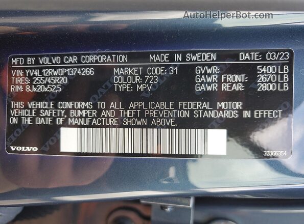 YV4L12RW0P1374266 2023 VOLVO XC60 Blue VIN կոդի պիտակի տեսք