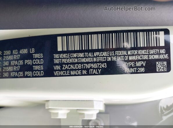 ZACNJDB17NPN97243 2022 JEEP RENEGADE White Engine compartment view