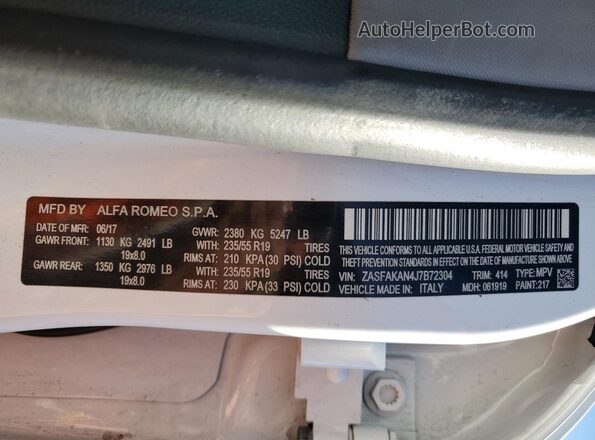 ZASFAKAN4J7B72304 2018 ALFA ROMEO STELVIO White Вид наклейки з VIN-кодом
