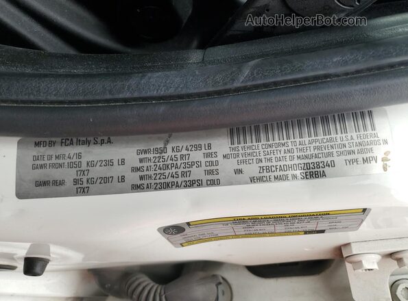 ZFBCFADH0GZ038340 2016 FIAT 500L Белый Вид наклейки с VIN-кодом