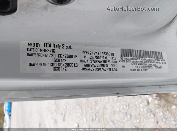 ZFBERFBT8G6C38035 2016 RAM PROMASTER CITY Белый Вид подкапотного пространства