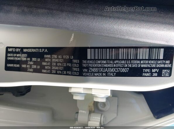 ZN661XUAXMX370807 2021 MASERATI LEVANTE Белый Вид подкапотного пространства