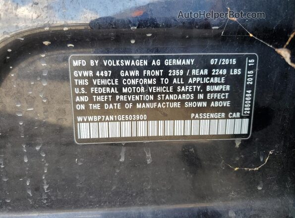 WVWBP7AN1GE503900 2016 VOLKSWAGEN CC Черный Вид наклейки с VIN-кодом