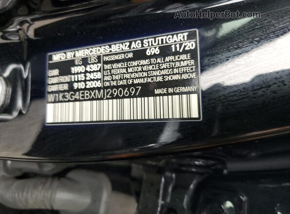 W1K3G4EBXMJ290697 2021 MERCEDES-BENZ A Черный Вид наклейки с VIN-кодом