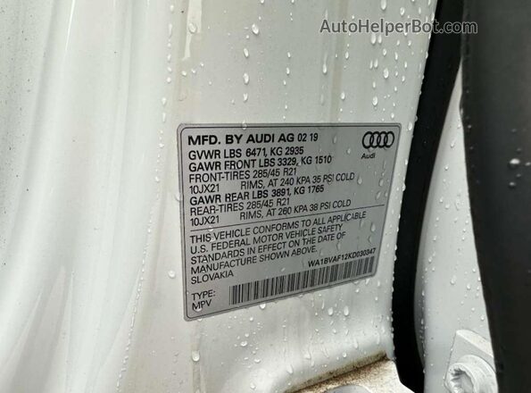 WA1BVAF12KD030347 2019 AUDI Q8 Белый Вид задней части салона