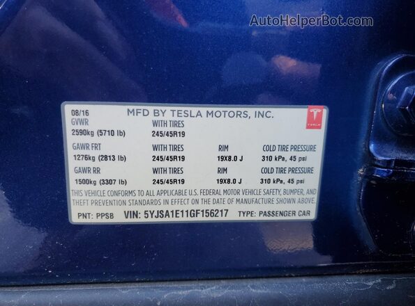 5YJSA1E11GF156217 2016 TESLA MODEL S Синий Вид наклейки с VIN-кодом