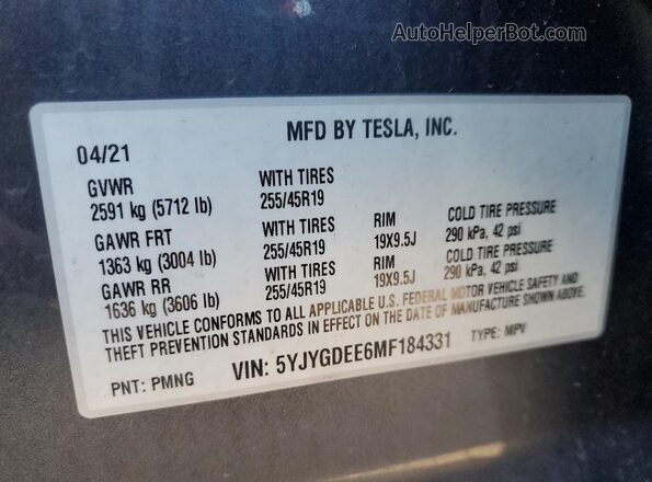 5YJYGDEE6MF184331 2021 TESLA MODEL Gray Widok naklejki z numerem VIN