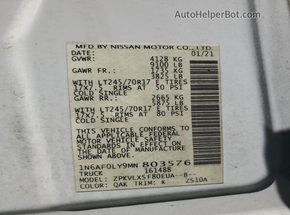 1N6AF0LY9MN803576 2021 NISSAN NV White Панорамний вид салону 360°