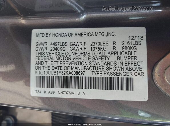 19UUB1F32KA008697 2019 ACURA TLX Серый Вид подкапотного пространства