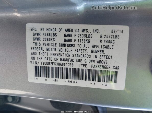 19UUB2F53HA001399 2017 ACURA TLX Серебряный Вид подкапотного пространства