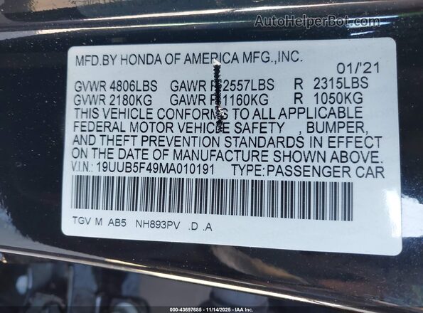 19UUB5F49MA010191 2021 ACURA TLX Black ძრავის განყოფილების ხედი