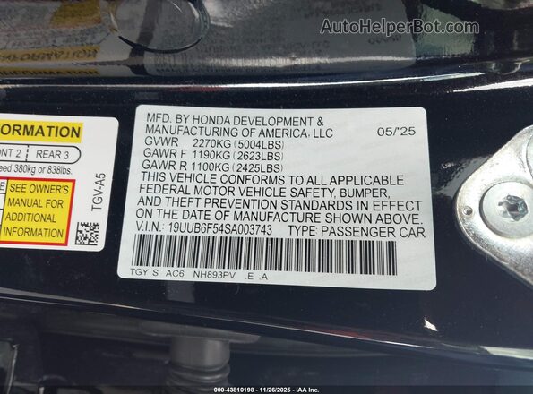 19UUB6F54SA003743 2025 ACURA TLX Black Widok komory silnika
