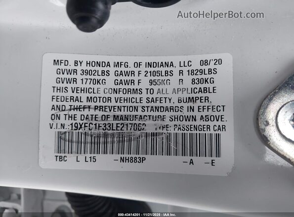 19XFC1F33LE217062 2020 HONDA CIVIC EX White Vista del compartimento del motor