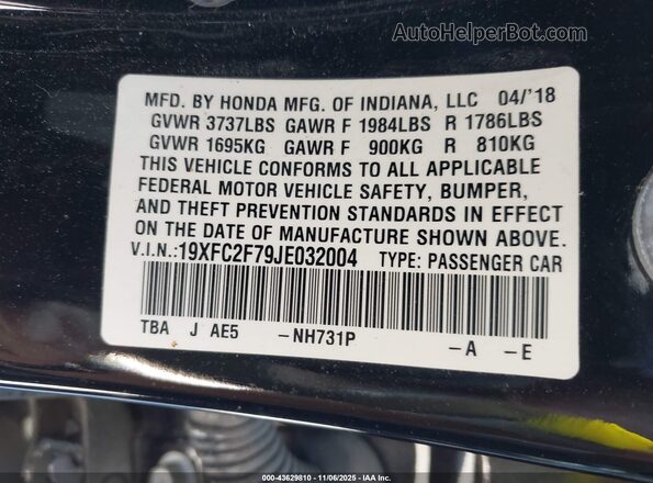 19XFC2F79JE032004 2018 HONDA CIVIC Black Widok komory silnika