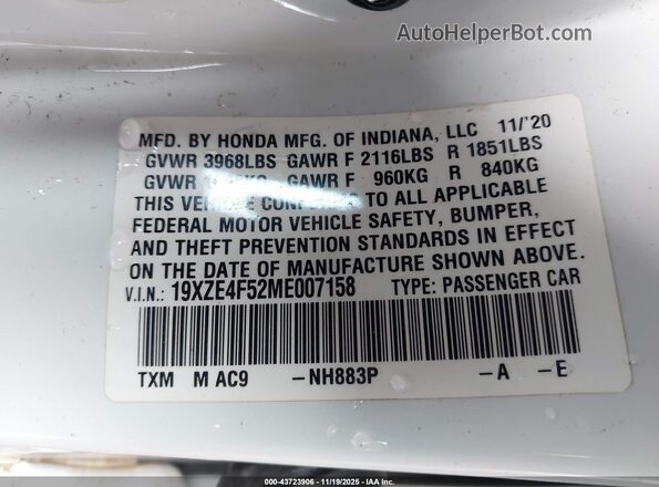 19XZE4F52ME007158 2021 HONDA INSIGHT White Widok komory silnika