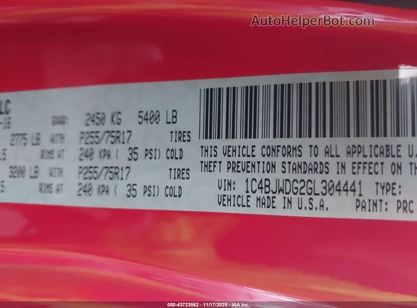 1C4BJWDG2GL304441 2016 JEEP WRANGLER UNLIMITED Красный Вид подкапотного пространства