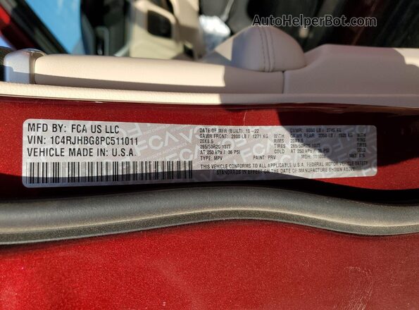 1C4RJHBG8PC511011 2023 JEEP GRAND Burgundy VIN sticker view