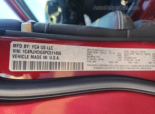 1C4RJHDG6PC511456 2023 JEEP GRAND Красный Вид наклейки с VIN-кодом