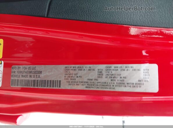 1C6HJTAG3ML533338 2021 JEEP GLADIATOR Красный Вид подкапотного пространства