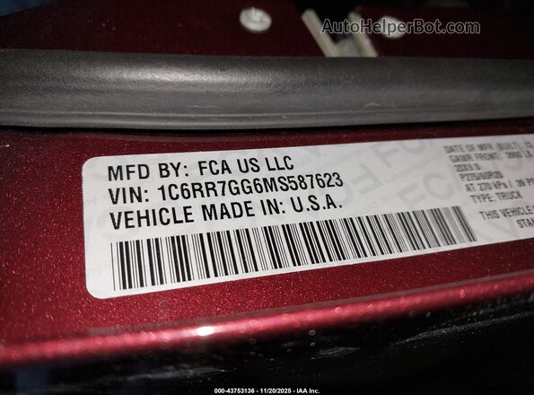 1C6RR7GG6MS587623 2021 RAM 1500 CLASSIC Красный Вид подкапотного пространства
