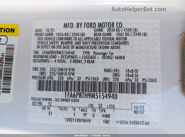 1FA6P8TH9M5154940 2021 FORD MUSTANG White Вид підкапотного простору