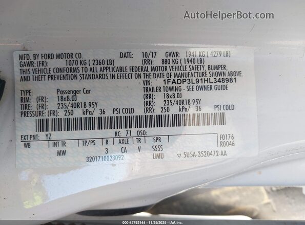 1FADP3L91HL348981 2017 FORD FOCUS ST Белый Вид подкапотного пространства