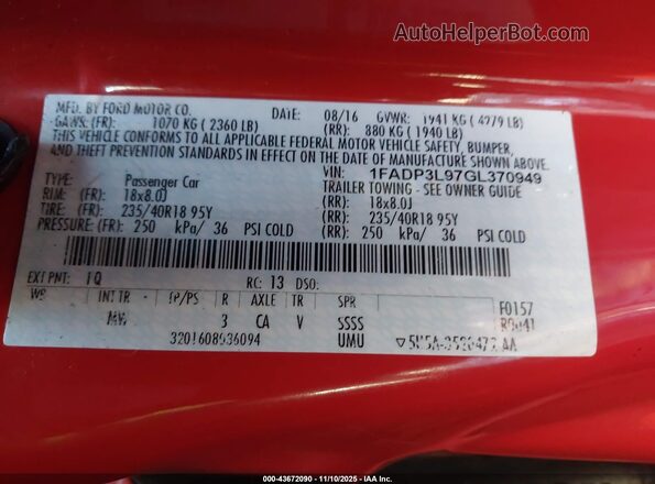1FADP3L97GL370949 2016 FORD FOCUS ST Red Vista del compartimento del motor