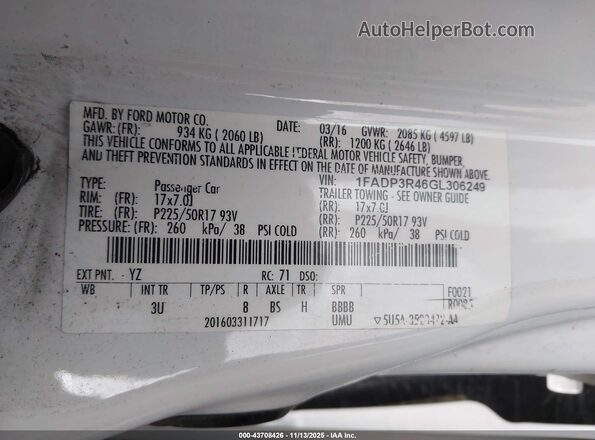 1FADP3R46GL306249 2016 FORD FOCUS ELECTRIC White Вид підкапотного простору