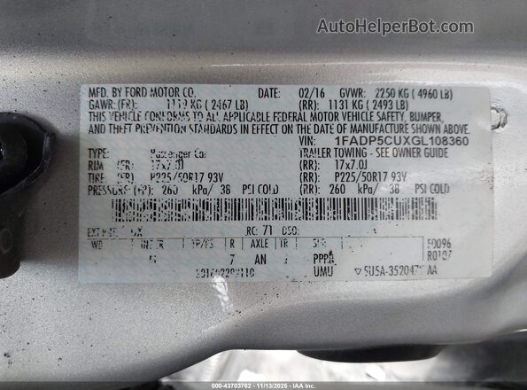 1FADP5CUXGL108360 2016 FORD C-MAX ENERGI Серебряный Вид подкапотного пространства