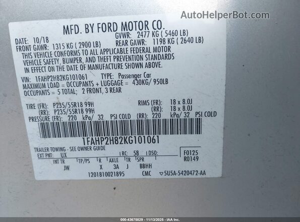 1FAHP2H82KG101061 2019 FORD TAURUS Серебряный Вид подкапотного пространства