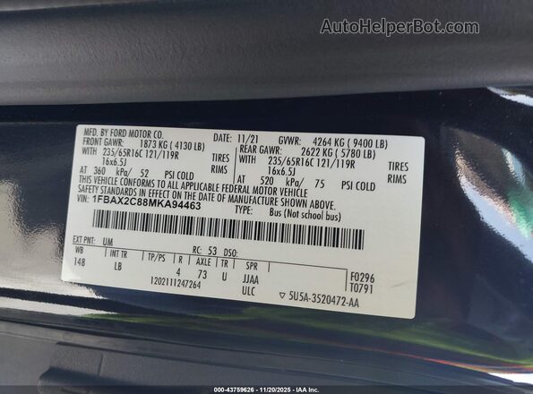 1FBAX2C88MKA94463 2021 FORD PASSENGER Черный Вид подкапотного пространства