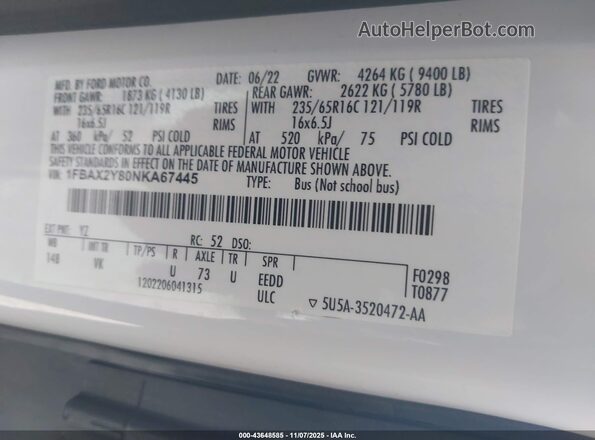 1FBAX2Y80NKA67445 2022 FORD PASSENGER Белый Вид подкапотного пространства